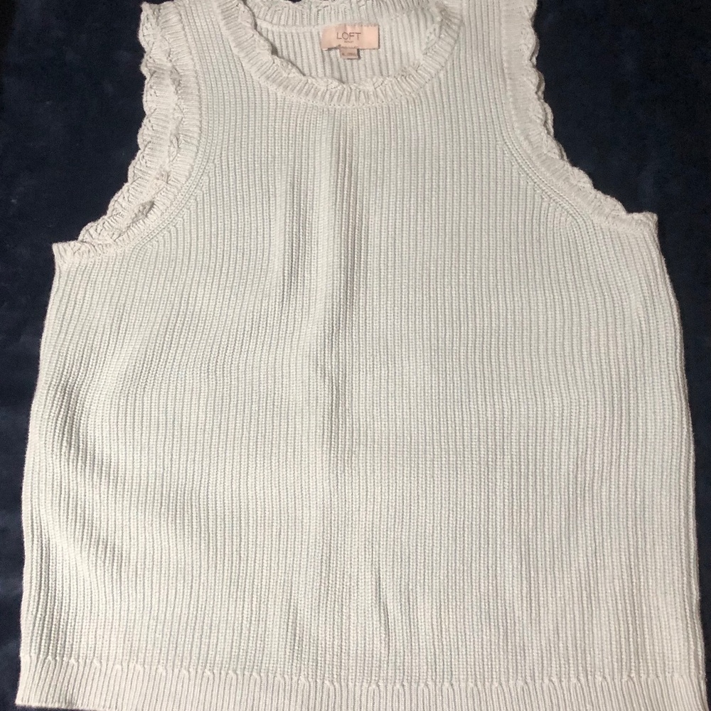 LOFT Pale Blue Ruffle Trim Ribbed Sweater Tank | 100% Cotton